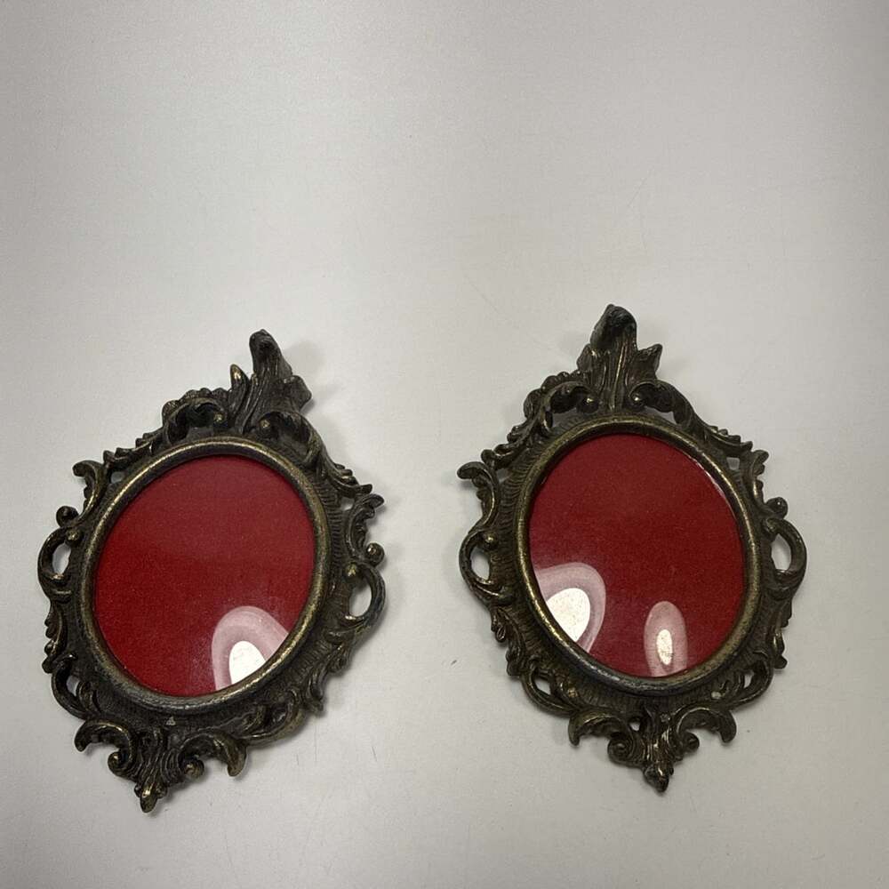 2x Antique Convex Mini Glass Picture Frames Ornate Metal Italy D1